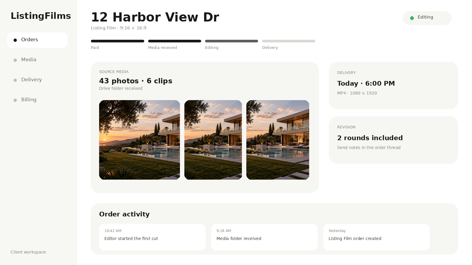 ListingFilms dashboard showing order progress